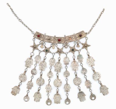 Elegant Amulet Necklace with Hamsa and Stars-and-Crescent Pendants – Tunisia. Necklace with 