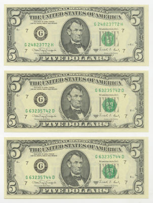Three Five Dollar Bills Received from the Lubavitcher Rebbe – 22 Shevat, 1991. The description 