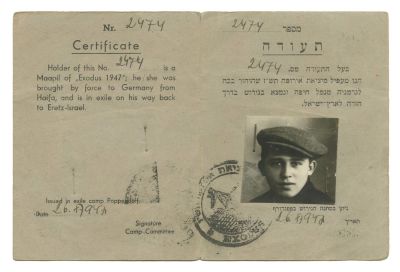 Certificate of an Illegal Immigrant – The "Exodus" – Poppendorf Displaced Persons Camp, 1947. "Ce 