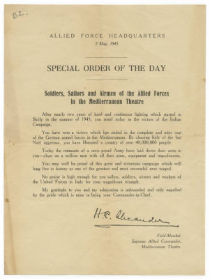 Special Order of the Day to Allied Forces in the Mediterranean Theatre, WWII – Surrender of 