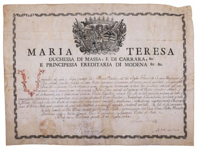 Privilege Awarded to Two Jewish Jewelers – Modena, 1762 – Manuscript on Vellum. Manuscript on 