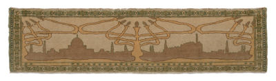 Bezalel Rug – Candelabra and the Jerusalem Skyline – Jerusalem, 1906 to 1908. Bezalel Pictorial 