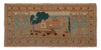 Marbadiah Rug – Tomb of Rachel – Jerusalem, 1920s. Pictorial rug depicting Rachel's tomb and two 