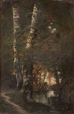 Narcisse Virgile Diaz De La Pe&ntilde;a (1807-1876) – Forest on the Lakeshore – Oil on Board. Narcisse 