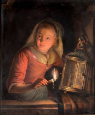 After Gerrit Dou (1615-1680) – Girl at the Window with a Lantern – Miniature on Porcelain. Girl 