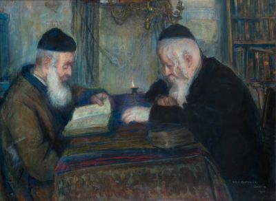 Artur Markowicz (1872-1934) – Studying at the Beit Midrash, 1911 – Pastel on Board. Artur 