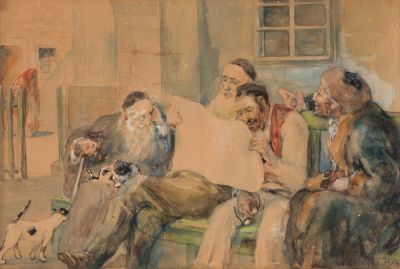 Anna May-Rychter (1865-1955) – Jews on a City Bench in Jerusalem – Watercolor on Paper. Anna 