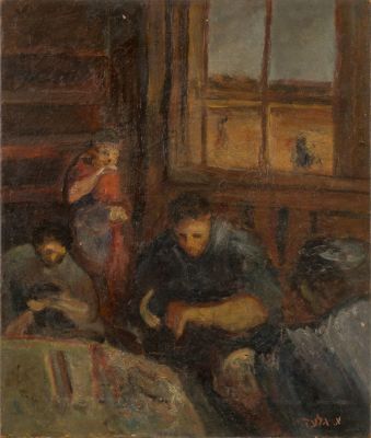 Aharon Giladi (1907-1993) – Figures in a Room – Oil on Canvas. Aharon Giladi (1907-1993) 