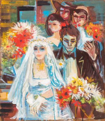 Eliahu Sigard (1901-1975) – Wedding – Oil on Masonite. Eliahu Sigard (Sigad) (1901-1975) 