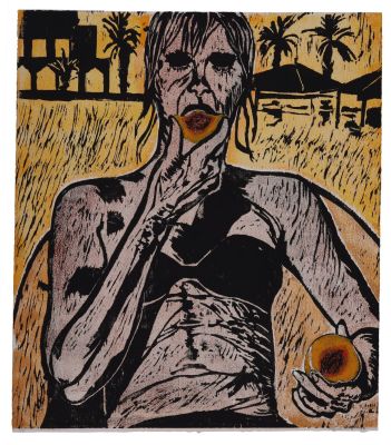Pamela Levy (1949-2004) – Girl Eating a Peach, 1997 – Woodcut. Pamela Levy (1949-2004), Girl 
