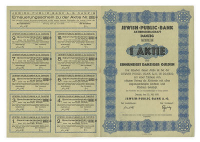 Share Certificate – Jewish Public Bank AG, Danzig – 1935. Share certificate issued by the Jewish 