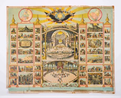 Large, Detailed Lithograph Shiviti Poster – Map of Eretz Israel and Biblical Scenes – Warsaw, 1890. 