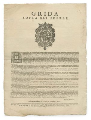 Antisemitic Document – Restrictions on Jews of Modena – Modena, 1620. The description and 