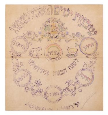 Yosef Zvi Geiger – Three Sketches for Matzah Covers. The description and condition report appear 