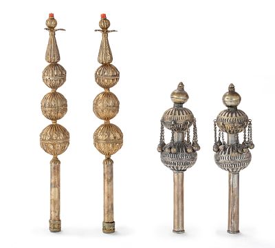 Two Pairs of Parcel-Gilt Torah Finials – Yemen, Late 19th / Early 20th Century. Two pairs of