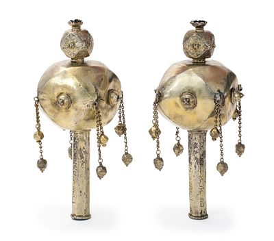 Pair of Large Parcel-Gilt Torah Finials – Yemen, Late 19th or Early 20th Century – Hatari Family.