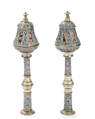 Pair of Torah Finials Adorned with Enamel – Fez, Morocco, Early 20th Century – Alkslassi Family.