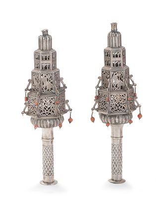 Pair of Silver Torah Finials with Coral Decorations – Algeria, Late 19th Century. Pair finials