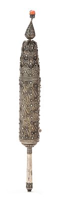 Esther Scroll in Large Filigree Silver Case, set with Coral Bead – Ottoman Empire, 19th Century. 