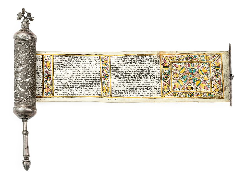 Decorated Esther Scroll in Silver Case – Probably Greece, 19th Century. Decorated Esther scroll 