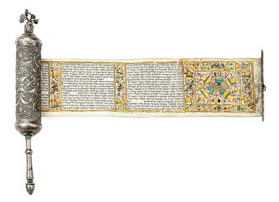 Decorated Esther Scroll in Silver Case – Probably Greece, 19th Century. Decorated Esther scroll 