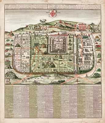 Hand-Colored Map of Jerusalem – Matthäus Seutter after Christian van Adrichem – Augsburg, ca. 1745. 