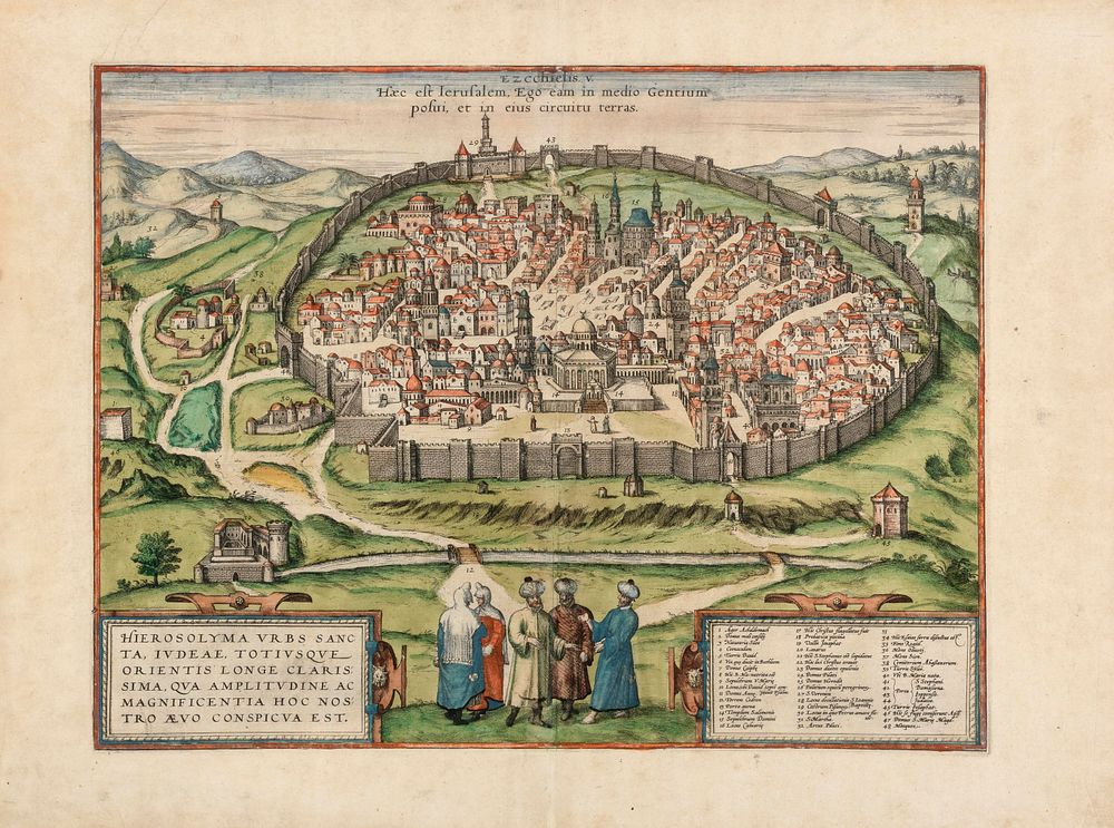 Hand-Colored Map of Jerusalem – Cologne, 1576 – From the First German Edition of Civitates 