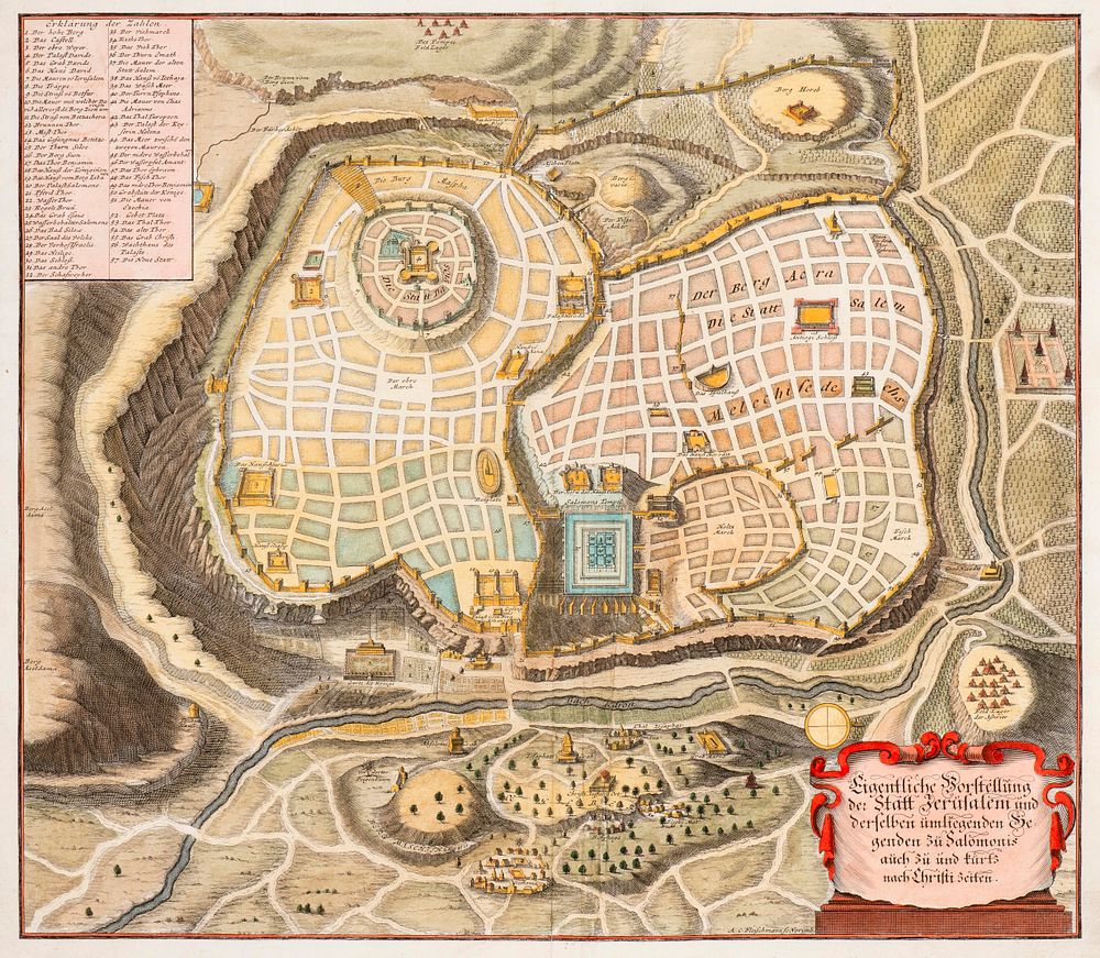 Hand-Colored Map of Jerusalem – After Juan Bautista Villalpando – Nuremberg, 1736. Eigentliche 