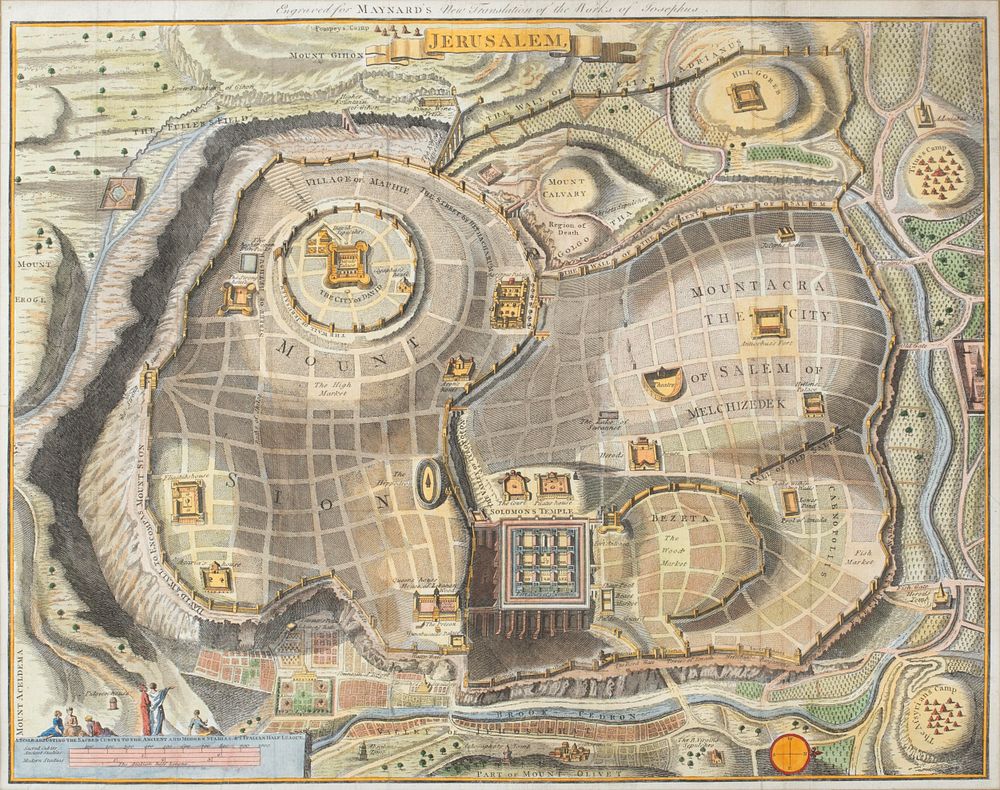 Hand-Colored Map of Jerusalem – After Juan Bautista Villalpando – USA, Late 18th Century. Jerusal 