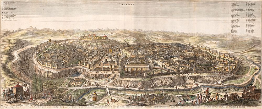 Hand-Colored Panorama of Jerusalem – Olfert Dapper – Amsterdam, 1677. Ierusalem – Panoramic view 