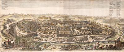 Hand-Colored Panorama of Jerusalem – Olfert Dapper – Amsterdam, 1677. Ierusalem – Panoramic view 