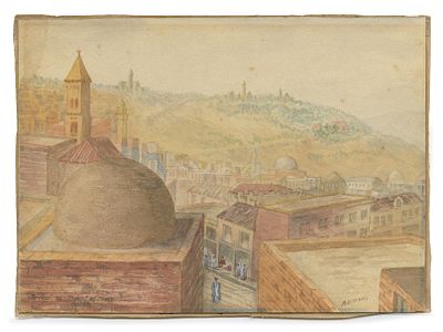 A. E. Newby – Mount of Olives and Gethsemane – Watercolor on Paper. View of the Mount of Olives 