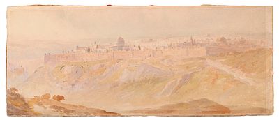 Unknown Artist – Wide Panorama of Jerusalem – Watercolor on Masonite. Panoramic view of 
