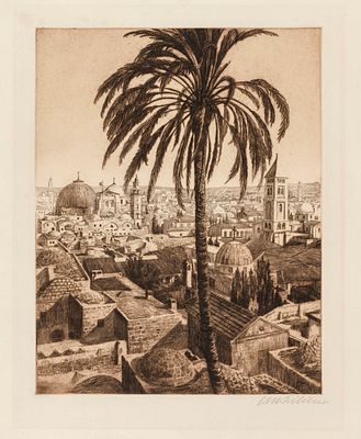 Ephraim Moses Lilien (1874–1925) – Jerusalem – Signed Etching. Jerusalem, city view, [1915]. 