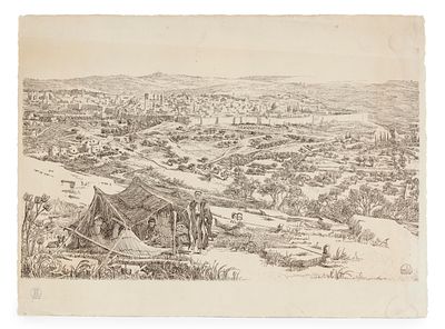 Ephraim Moses Lilien (1874-1925) – View of Jerusalem from the East, with a Bedouin Encampment – 