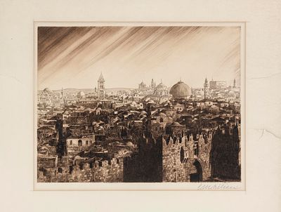 Ephraim Moses Lilien (1874-1925) – View of Jerusalem from Damascus Gate – Signed Etching. View 