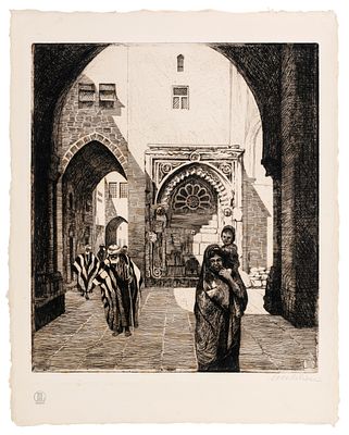 Ephraim Moses Lilien (1874-1925) – Entrance to the Temple Mount – Signed Etching. Entrance to 