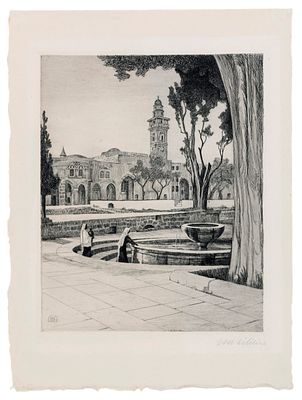 Ephraim Moses Lilien (1874-1925) – Courtyard of a Mosque on the Temple Mount – Signed Engraving. 