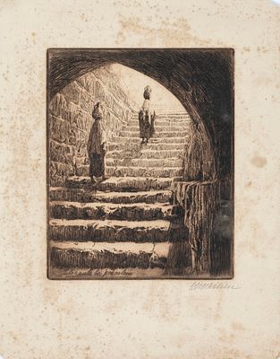 Ephraim Moses Lilien (1874–1925) – Women Drawing Water at the Siloam Tunnel – Signed Engraving. W 