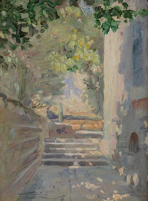 Meir Gur Aryeh (1891-1951) – Alleyway in Jerusalem– Oil on Masonite. Alleyway in Jerusalem 