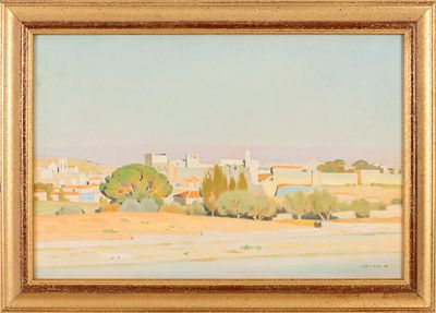 Shmuel Charuvi (1897-1965) – View of the Old City of Jerusalem from King George St. – Oil on Canvas