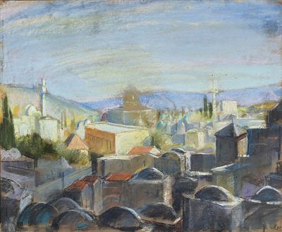 Jakob Steinhardt (1887-1968) – Jerusalem – Pastel on Paper. View of Jerusalem and the Dome of 