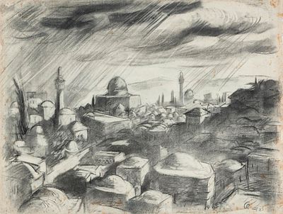 Jacob Steinhardt (1887-1968) – Jerusalem – Charcoal on Paper. View of Jerusalem and the Dome of 