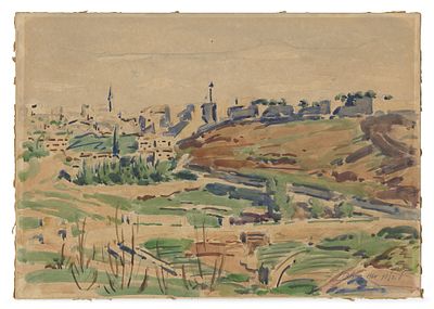 Ludwig Blum (1891-1974) – Jerusalem from Mishkenot Sha’ananim – Watercolor and Pencil on Paper. V 