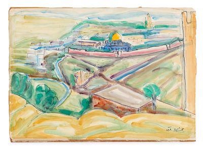 Siona Tagger (1900-1988) – View of Jerusalem from the East – Ink and Watercolor on Paper. View 