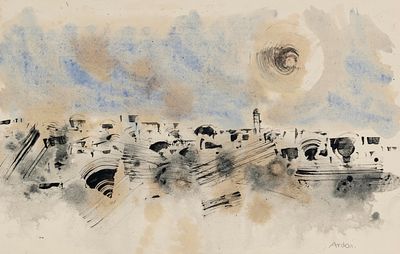 Mordecai Ardon (1896-1992) – Jerusalem – Watercolor on Paper. Panoramic view of Jerusalem. 
