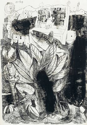 Naftali Bezem (1924-2018) – Immigrants Coming with Trees – Ink on Paper. Immigrants Carrying 