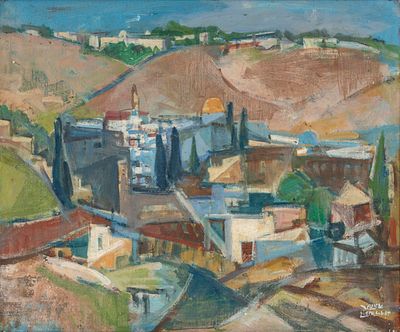 Jakob Eisenscher (1896-1980) – Jerusalem – Oil on Canvas. View of Jerusalem and the Dome of the 