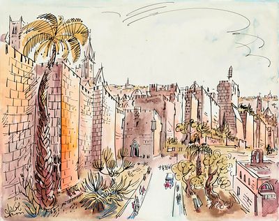 Yossi Stern (1923-1992) – Two Illustrations of the Walls of Jerusalem – Ink and Watercolor on Paper