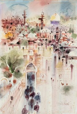 Shmuel Katz (1926-2010) – Three Views of Jerusalem – Ink and Watercolor on Paper. Three works 